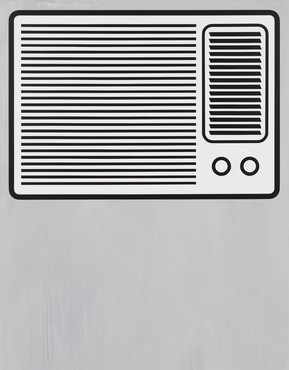 Painting by Adam McEwen featuring a black and white outline of an air conditioner on a grey background