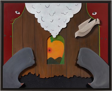 Painting on wood by Alexandria Smith featuring a landscape in the center with eyes in the upper corners, two faces in profile on the left and right, a dove, and a triangular cloud pointing down toward the landscape