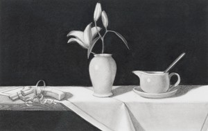 Anna Weyant, Drawing for Lily, 2021. Pencil and charcoal on paper, 7 ½ × 11 ½ inches (18.9 × 29.2 cm) © Anna Weyant. Photo: Rob McKeever