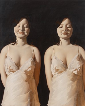 A painting by Anna Weyant featuring two identical brunette female figures in camisoles with their hands behind her back, one with her eyes closed and one looking down