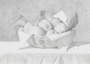 Anna Weyant, Drawing for Peaches, 2021. Pencil on paper, 6 ½ × 9 inches (16.5 × 22.9 cm) © Anna Weyant. Photo: Rob McKeever