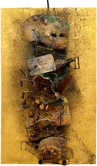 Anselm Kiefer, EXODUS, 2020–21 Emulsion, oil, acrylic, shellac, gold leaf, sediment of electrolysis, metal, plaster, straw, wood, and fabric on canvas, 185 ⅛ × 110 ¼ inches (470 × 280 cm)© Anselm Kiefer. Photo: Georges Poncet