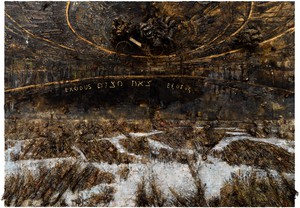 Anselm Kiefer, Exodus, 2012–21. Emulsion, oil, acrylic, shellac, gold leaf, metal, rope, paper, straw, and clay on canvas, 27 feet 6 ¾ inches × 37 feet 4 ⅞ inches (8.4 × 11.4 m) © Anselm Kiefer. Photo: Georges Poncet