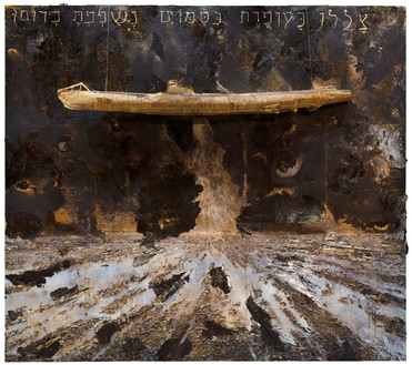 Anselm Kiefer, Thou didst blow with thy wind, the sea covered them: they sank as lead, 2020 Emulsion, oil, acrylic, shellac, gold leaf, metal, and straw on canvas, 27 feet 6 ¾ inches × 31 feet 2 inches (8.4 × 9.5 m)© Anselm Kiefer. Photo: Georges Poncet