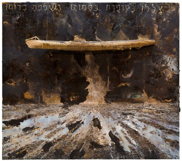 Large-scale painting by Anselm Kiefer of a landscape with a three-dimensional gold-colored submarine attached to the face