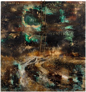 Anselm Kiefer, En Sof, 2020–22. Emulsion, oil, acrylic, shellac, gold leaf, sediment of electrolysis, metal, and wood on canvas, 27 feet 6 ¾ inches × 25 feet (8.4 × 7.6 m) © Anselm Kiefer. Photo: Georges Poncet
