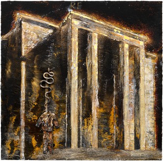 Anselm Kiefer, Nehebkau, 2021 Emulsion, oil, acrylic, shellac, fabric, metal, terracotta, and chalk on canvas, 149 ⅝ × 149 ⅝ inches (380 × 380 cm)© Anselm Kiefer. Photo: Georges Poncet