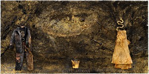 Anselm Kiefer, Für E.T.A. HOFFMANN (For E.T.A. HOFFMANN), 2021. Emulsion, oil, acrylic, shellac, gold leaf, metal, terracotta, clay, fabric, paintbrush, charcoal, and chalk on canvas, 110 ¼ × 224 ½ inches (280 × 570 cm) © Anselm Kiefer. Photo: Georges Poncet