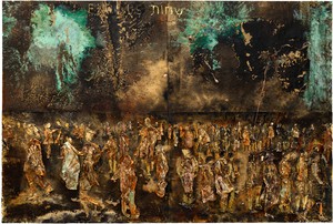 Anselm Kiefer, EXODUS, 2022. Emulsion, oil, acrylic, shellac, gold leaf, sediment of electrolysis, and fabric on canvas, 149 ⅝ × 220 ½ inches (380 × 560 cm) © Anselm Kiefer. Photo: Georges Poncet
