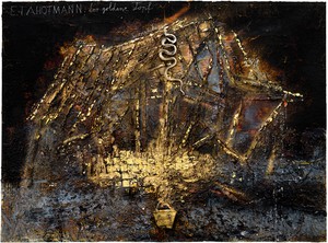 Anselm Kiefer, Für E.T.A. HOFFMANN: der goldene Topf (For E.T.A. HOFFMANN: The Golden Pot), 2021. Emulsion, oil, acrylic, shellac, metal, clay, chalk, and gold leaf on canvas, 110 ¼ × 149 ⅝ inches (280 × 380 cm) © Anselm Kiefer. Photo: Georges Poncet