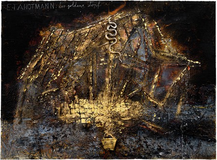 Anselm Kiefer, Für E.T.A. HOFFMANN: der goldene Topf (For E.T.A. HOFFMANN: The Golden Pot), 2021 Emulsion, oil, acrylic, shellac, metal, clay, chalk, and gold leaf on canvas, 110 ¼ × 149 ⅝ inches (280 × 380 cm)© Anselm Kiefer. Photo: Georges Poncet