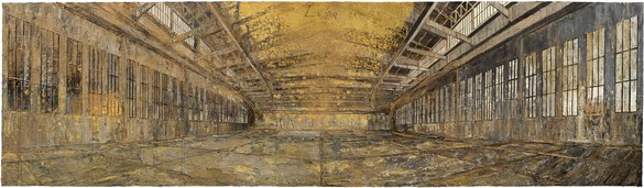 Anselm Kiefer, Danaë, 2016–21 Emulsion, acrylic, oil, shellac, gold leaf, coal, metal, and wires on canvas, 12 feet 5 ⅝ inches × 43 feet 7 ⅝ inches (3.8 × 13.3 m)© Anselm Kiefer. Photo: Georges Poncet