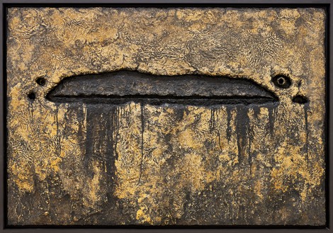 Christo, Untitled (Cratères), 1960 Enamel paint, sand, paint, and wood, 48 ½ × 66 ⅝ inches (123 × 169 cm)© Christo and Jeanne-Claude Foundation. Photo: Thomas Lannes