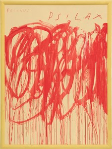 Cy Twombly, Untitled (Bacchus 1st Version III), 2004. Acrylic and wax crayon on wood panel, in artist’s frame, 104 × 78 ¾ × 2 ½ inches (264.2 × 200 × 6.3 cm) © Cy Twombly Foundation. Photo: Jeff McLane