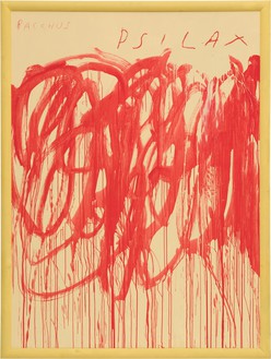 Cy Twombly, Untitled (Bacchus 1st Version III), 2004 Acrylic and wax crayon on wood panel, in artist’s frame, 104 × 78 ¾ × 2 ½ inches (264.2 × 200 × 6.3 cm)© Cy Twombly Foundation. Photo: Jeff McLane
