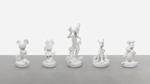 Damien Hirst, Five Friends, 2018. Carrara marble, in 5 parts, Mickey: 30 ⅝ × 17 ½ × 17 ¼ inches (77.8 × 44.3 × 43.9 cm), Minnie: 31 ½ × 16 ⅝ × 17 ¼ inches (79.8 × 42.1 × 43.8 cm), Donald: 29 ¾ × 20 ⅜ × 17 ¾ inches (75.6 × 51.8 × 45.1 cm), Pluto: 30 ½ × 21 ½ × 23 inches (77.4 × 54.5 × 58.2 cm), Goofy: 49 ⅜ × 16 ¼ × 24 ½ inches (125.2 × 41.1 × 62.1 cm), edition of 3 + 2 AP © Damien Hirst and Science Ltd. All rights reserved, DACS 2022. Photo: Lucio Ghilardi/Prudence Cuming Associates