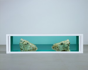 Damien Hirst, Schizophrenogenesis, 2008. Glass, painted stainless steel, silicone, acrylic, cow heads, and formaldehyde solution, 18 × 72 × 18 inches (45.7 × 182.9 × 45.7 cm) © Damien Hirst and Science Ltd. All rights reserved, DACS 2022. Photo: Prudence Cuming Associates Ltd