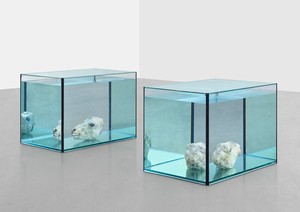 Damien Hirst, Analgesics, 1993. Glass, silicone, acrylic, sheep heads, and formaldehyde solution, in 2 parts, each: 18 × 27 × 18 inches (45.7 × 68.6 × 45.7 cm) © Damien Hirst and Science Ltd. All rights reserved, DACS 2022. Photo: Prudence Cuming Associates Ltd