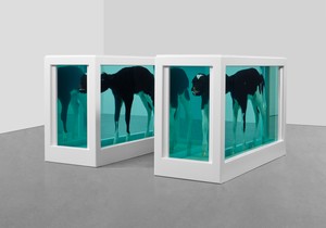 Damien Hirst, Cain and Abel, 1994. Glass, painted steel, silicone, acrylic, plastic cable ties, calves, and formaldehyde solution, in 2 parts, each: 41 × 66 ¾ × 24 ⅝ inches (104 × 169.5 × 62.5 cm), edition 1/1 + 1 AP © Damien Hirst and Science Ltd. All rights reserved, DACS 2022. Photo: Prudence Cuming Associates Ltd