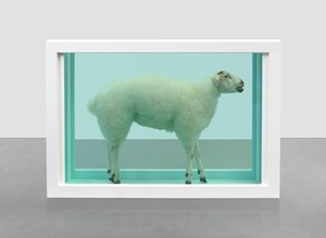 Damien Hirst, I AM, 1995. Glass, painted steel, silicone, acrylic, plastic cable ties, stainless steel, sheep, and formaldehyde solution, 43 ½ × 64 × 25 ⅜ inches (110.5 × 162.5 × 64.5 cm) © Damien Hirst and Science Ltd. All rights reserved, DACS 2022. Photo: Prudence Cuming Associates Ltd