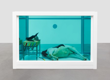 Damien Hirst, The Beheading of John the Baptist, 2006 Glass, painted stainless steel, silicone, ceramic floor tiles, stainless steel, resin butcher block, knives, machete, chainmail glove, cow, and formaldehyde solution, 90 ¾ × 131 ½ × 85 ⅜ inches (230.5 × 334 × 216.8 cm)© Damien Hirst and Science Ltd. All rights reserved, DACS 2022. Photo: Prudence Cuming Associates Ltd