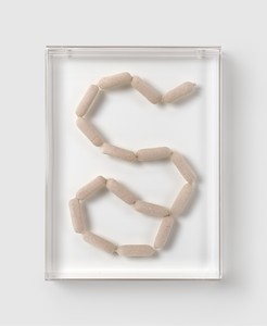 Damien Hirst, 16 Sausages, 1993. Acrylic, monofilament, sausages, and formaldehyde solution, 25 ¼ × 18 ¾ × 3 ¾ inches (64 × 47.5 × 9.5 cm) © Damien Hirst and Science Ltd. All rights reserved, DACS 2022. Photo: Prudence Cuming Associates Ltd