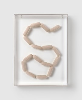 Damien Hirst, 16 Sausages, 1993 Acrylic, monofilament, sausages, and formaldehyde solution, 25 ¼ × 18 ¾ × 3 ¾ inches (64 × 47.5 × 9.5 cm)© Damien Hirst and Science Ltd. All rights reserved, DACS 2022. Photo: Prudence Cuming Associates Ltd