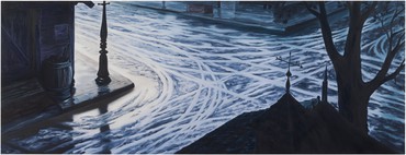 Birds-eye view of a street intersection with tire tracks in slushy snow painted in blue tones