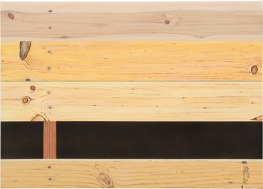 Painting by Ed Ruscha of four, horizontal wood planks nailed to thinner strip of wood that runs vertically along the left side of the planks