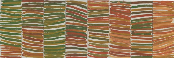 Emily Kame Kngwarreye, Untitled – Alhalkere, 1994 Synthetic polymer paint on canvas, 45 ¾ × 137 inches (116 × 348 cm)© ADAGP, Paris, 2022