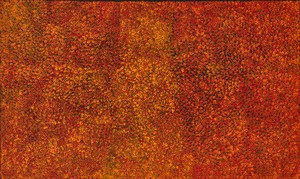 Emily Kame Kngwarreye, Early Summer Flowers IV, 1991. Synthetic polymer paint on linen, 35 ½ × 59 ⅛ inches (90 × 150 cm) © ADAGP, Paris, 2022