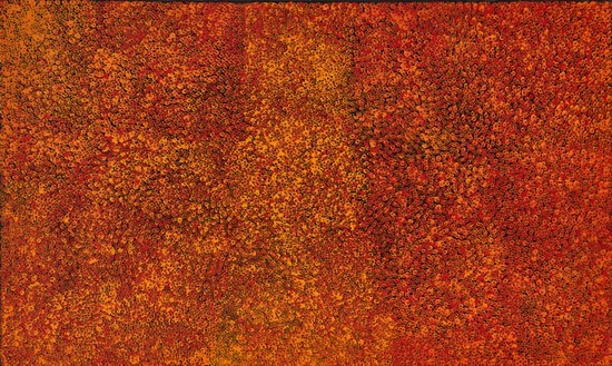 Emily Kame Kngwarreye, Early Summer Flowers IV, 1991 Synthetic polymer paint on linen, 35 ½ × 59 ⅛ inches (90 × 150 cm)© ADAGP, Paris, 2022