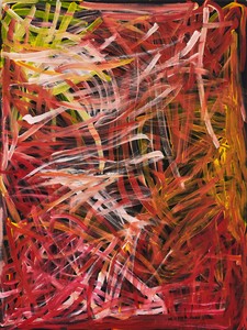 Emily Kame Kngwarreye, Anooralya, 1996. Synthetic polymer paint on linen, 47 ⅝ × 35 ½ inches (121 × 90 cm) © ADAGP, Paris, 2022