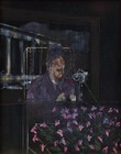 Painting by Francis Bacon of a man, possibly a pope or dictator, with mouth open sitting down with pink flowers in the foreground