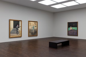 Installation view. Artwork, left and right: © The Estate of Francis Bacon. All rights reserved, DACS 2022; center: © The Estate of Michael Andrews/Tate. Photo: Lucy Dawkins