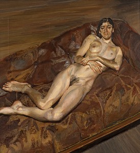 Lucian Freud, Naked Portrait on a Red Sofa, 1989–91. Oil on canvas, 39 ⅜ × 35 ½ inches (100 × 90 cm) © The Lucian Freud Archive. All rights reserved 2022/Bridgeman Images. Photo: Rob McKeever
