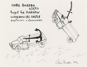 Chris Burden, Project for Warsaw Ujazdowski Castle (Capitalism and Communism), 1992. Ink on paper, 8 × 11 inches (20.3 × 27.9 cm) © 2022 Chris Burden/licensed by the Chris Burden Estate and Artists Rights Society (ARS), New York. Photo: Brian Guido