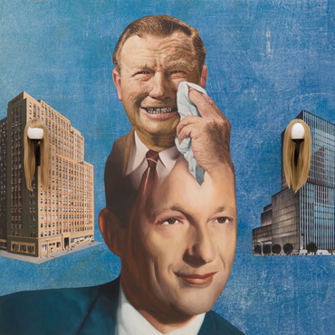 Painting by Jim Shaw featuring a portrait of a man who has an another man who is wiping tears from his eyes coming out of the top of his head