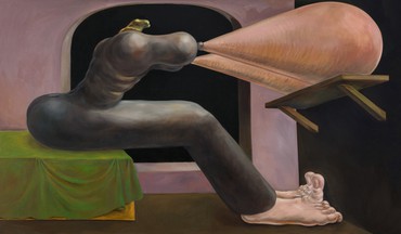 Painting featuring a side view of an abstracted, bloated figure sitting down