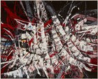 Abstract oil painting by Mark Grotjahn featuring overlapping strokes of white and red paint on a dark background which has been scraped in some areas