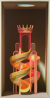 Mehdi Ghadyanloo, The King’s Speech, 2022 Acrylic and oil on canvas, 92 ½ × 47 ¼ inches (235 × 120 cm)© Mehdi Ghadyanloo