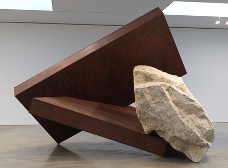 Michael Heizer, Rock/Steel #4, 2021 A588 weathering steel and rock, 13 feet 6 inches × 11 feet 8 inches × 18 feet 7 inches (4.1 × 3.6 × 5.7 m)© Michael Heizer. Photo: Rob McKeever