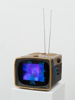 Nam June Paik, Untitled, 2005 Single-channel video (color, silent), LCD monitor, vintage television, permanent oil marker, and acrylic paint, 26 × 14 ⅞ × 17 inches (66 × 37.8 × 43.2 cm)© Nam June Paik Estate. Photo: Rob McKeever
