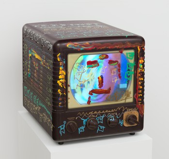 Nam June Paik, Admiral/Crying TV, 2005 Single-channel video (color, silent), LCD monitor, vintage television, permanent oil marker, and acrylic paint, 14 ⅞ × 15 ¾ × 19 ⅝ inches (37.8 × 40 × 49.8 cm)© Nam June Paik Estate. Photo: Rob McKeever