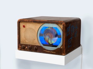 Nam June Paik, Untitled, 2005. Single-channel video (color, silent), LCD monitor, vintage television, permanent oil marker, and acrylic paint, 11 ⅝ × 18 × 16 inches (29.5 × 45.7 × 40.6 cm) © Nam June Paik Estate. Photo: Rob McKeever