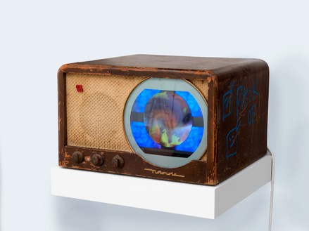 Nam June Paik, Untitled, 2005 Single-channel video (color, silent), LCD monitor, vintage television, permanent oil marker, and acrylic paint, 11 ⅝ × 18 × 16 inches (29.5 × 45.7 × 40.6 cm)© Nam June Paik Estate. Photo: Rob McKeever