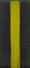 Tall and narrow abstract painting with yellow pour of paint over black ground