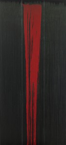 Pat Steir, Red Pour, 2021–22. Oil on canvas, 132 × 60 inches (333.5 × 152.4 cm) © Pat Steir. Photo: Elisabeth Bernstein