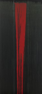Pat Steir, Red Pour, 2021–22 Oil on canvas, 132 × 60 inches (333.5 × 152.4 cm)© Pat Steir. Photo: Elisabeth Bernstein