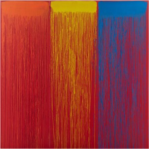 Pat Steir, Roman Rainbow, 2021–22. Oil on canvas, 108 × 108 inches (274.3 × 274.3 cm) © Pat Steir. Photo: Elisabeth Bernstein